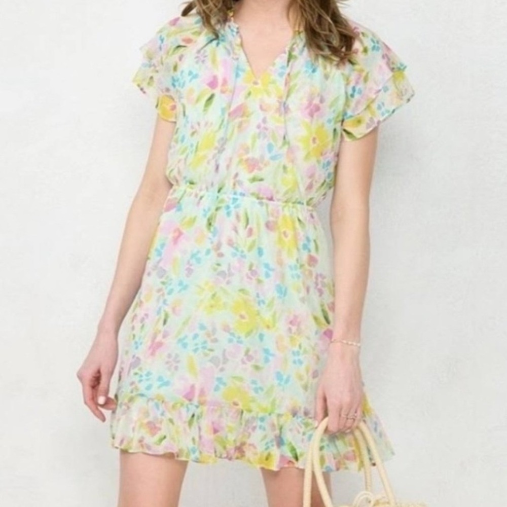 LC Lauren Conrad Womens 0X Floral Ruffle Fit Flare Dress Pastel Watercolor